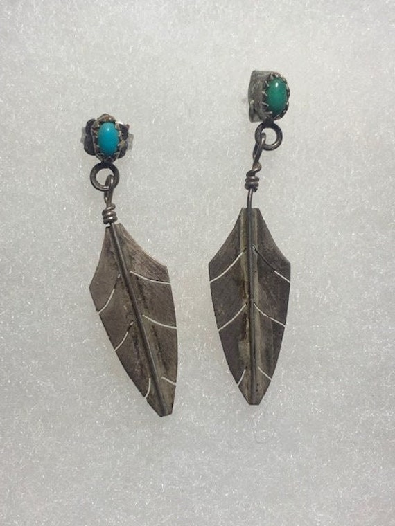 Turquoise & Sterling Silver Feather Earrings - Pi… - image 1