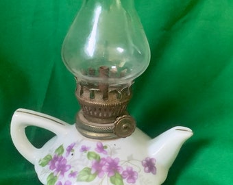 Vintage Oil Lamp with Violets - Made in Japan