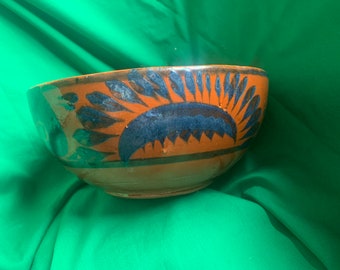 Mexican Pottery Bowl  - Cobalt Blue on Orange -  Glazeware