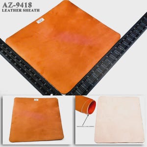 May include: An orange leather sheath with the text "AZ-9418 LEATHER SHEATH". The sheath is square-shaped and appears to be new. A ruler is placed on the side of the sheath. The thickness is approximately 2.5 mm.