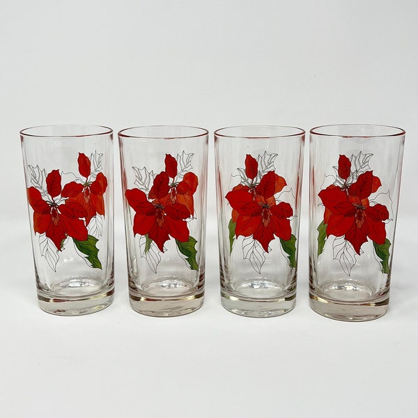 Set of 4 1980s Block Spal Poinsettia glasses designed by Mary Lou Goertzen. Made in Portugal.   Christmas highball, water, barware