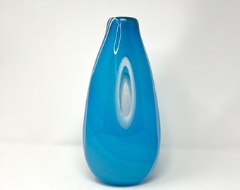 Vintage Handblown Cased Glass Teardrop Vase, Turquoise Blue, Murano-style, Clear Finestre Window, MCM Art Glass, 12" Heavy