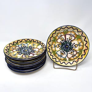 Vintage Hand painted Mexican Talavera Plates, Dessert, Salad, Bread, Décor, Yellow Blue Floral, 6.5&quot;