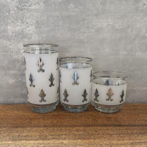 Vintage Libbey Silver Fleur-de-Lis Glasses – Mid-Century Frosted Barware – Highball, Tumbler & Lowball Sizes