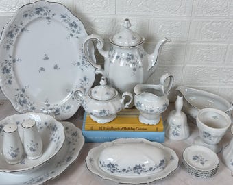 Johann Haviland Blue Garland Porcelain: Vintage Bavaria Tea Set with Silver  Trim