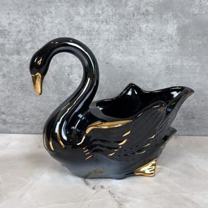 Vintage Royal Copley Style Swan Planter Mid Century Ceramic Gold Trim 1950s Table Decor