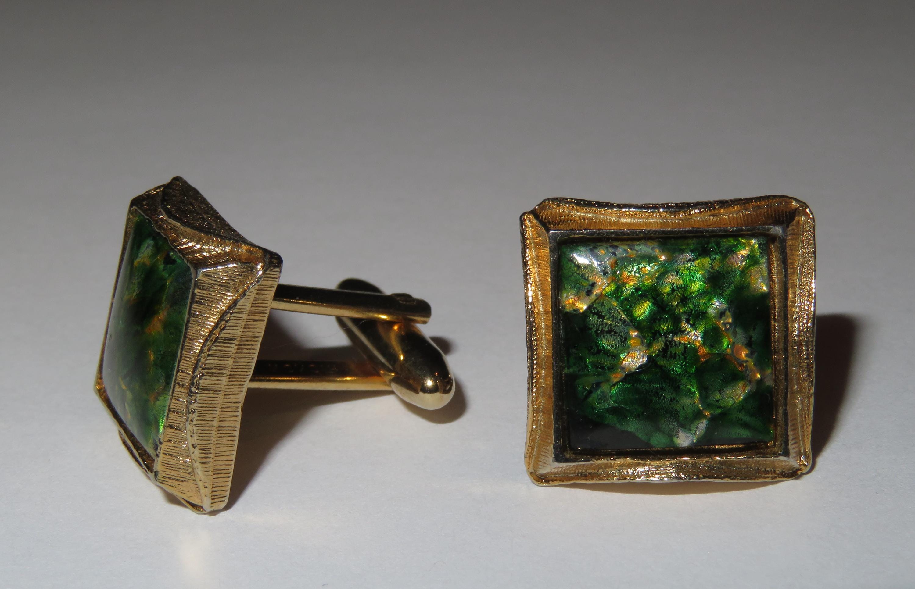 Boutons De Manchette Vintage Hickok - Écrin D'origine - Fermoir Milanais Vert Et Or - Neuf Ancien Stock (NOS)