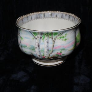 Może przedstawiać: Biała cukiernica z porcelany z kwiatowym wzorem przedstawiającym brzozy i błękitne i różowe niebo. Cukiernica ma złotą obwódkę i falisty brzeg.