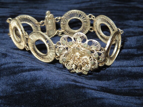 Bracelet Floral Argenté Vintage - Argent Poinçonné, Filigrane, Turquoise Imitation - Occasion