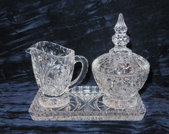 Vintage Lausitzer Pinwheel, Crystal, 4 pc., tray, creamer and sugar bowl & top, stunning solid set, Made in Germany, USA listing with Tariff