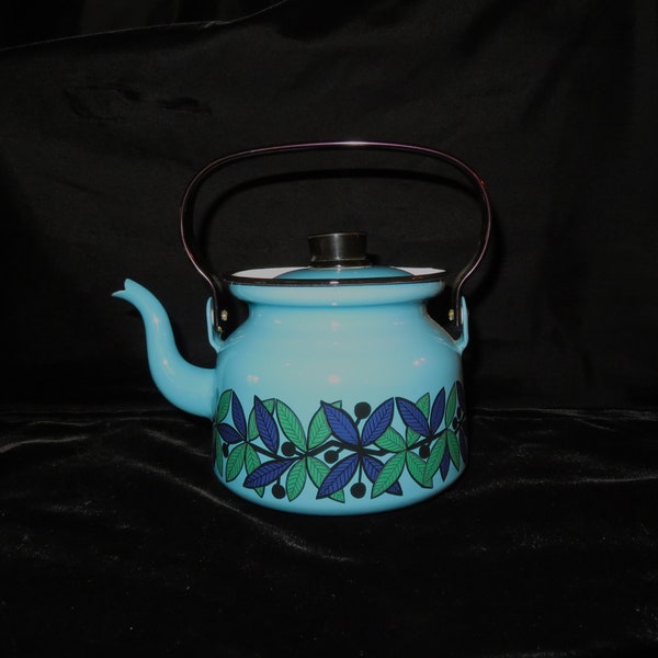 Finel, Scandanavian Blue Enamel Tea Kettle, Teapot, Retro, Kaj Franck berries  Incredible Colors!  Excellent condition