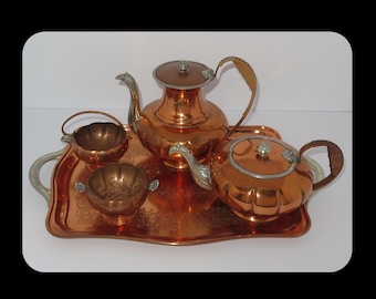 Juego de té y café veneciano de cobre vintage, 38, juego de 5 piezas, hecho en Canadá, juego impresionante