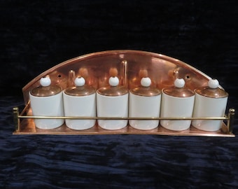 Vintage Copper, Brass, Spice Rack, 6, 4 oz. ceramic jars , no chips, USA listing with Tariff , Cdn & int'l buyers, see other pls.