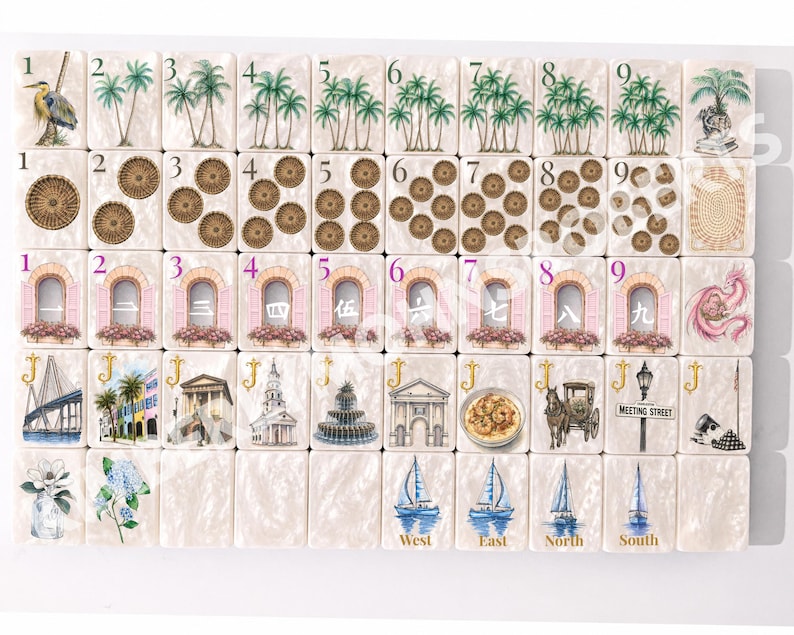 Pu&ograve; includere: Un set completo di tessere da Mahjong color avorio. Le tessere presentano varie illustrazioni, tra cui palme, elementi architettonici e numeri. Alcune tessere hanno caratteri cinesi. Il set include tessere contrassegnate con "Ovest", "Est", "Nord" e "Sud".