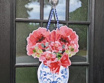 Red Flowers I Ginger Jar Door Art | Door Decor | Door hanger | Chinoiserie