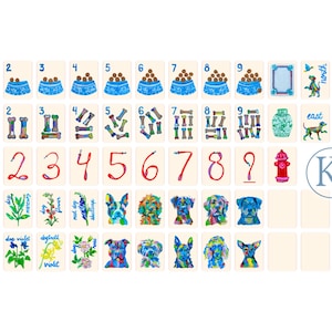 May include: A collection of decorative tiles featuring watercolor illustrations. The tiles display numbers, dog bowls, bones, and colorful dog portraits. Additional tiles show directional markers and floral designs. A circular logo with the letter "R" is also present.