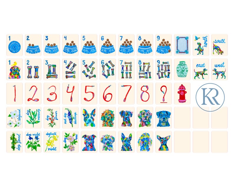 May include: A collection of decorative tiles featuring watercolor illustrations. The tiles display numbers, dog bowls, bones, and colorful dog portraits. Additional tiles show directional markers and floral designs. A circular logo with the letter "R" is also present.