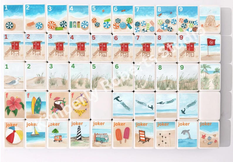 May include: A collection of illustrated tiles featuring beach scenes. Each tile depicts elements like umbrellas, lifeguard stations, seagulls, and beach accessories. Some tiles have the word "joker" at the bottom. The color palette includes blues, reds, and yellows.