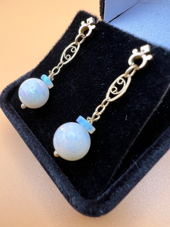 Vintage Opal AAA 14K Gold Drop Earrings - image 3