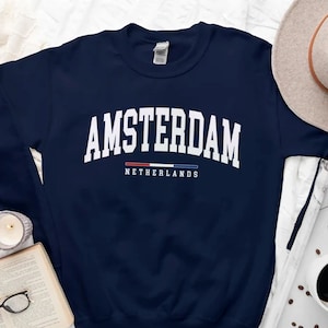 Amsterdam Sweatshirt, College Style Amsterdam Sweater, Amsterdam with Netherlands Flag Crewneck, gift, Unisex S-3XL mens womens