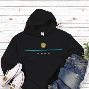Kazakhstan Hoodie, Country Logo with Flag Sweatshirt, Coat of Arms of Kazakh Pullover