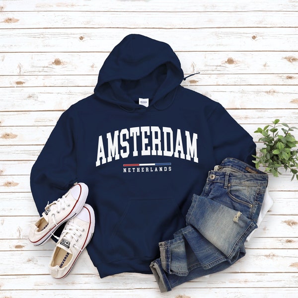 Amsterdam Hoodie Sweatshirt, College Style Amsterdam Sweater, Amsterdam with Netherlands Flag Pullover