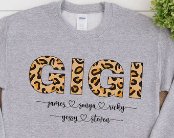 Custom Gigi Sweatshirt with Grandkids Name, Personalized Gigi Sweater with Leopard Style, Perfect Gift for Gigi, Mothers Day Gift