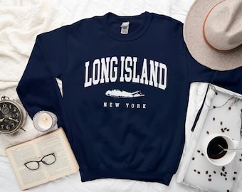 Felpa Long Island, Maglione Comfort Long Island Map, Maglione girocollo New York Long Island