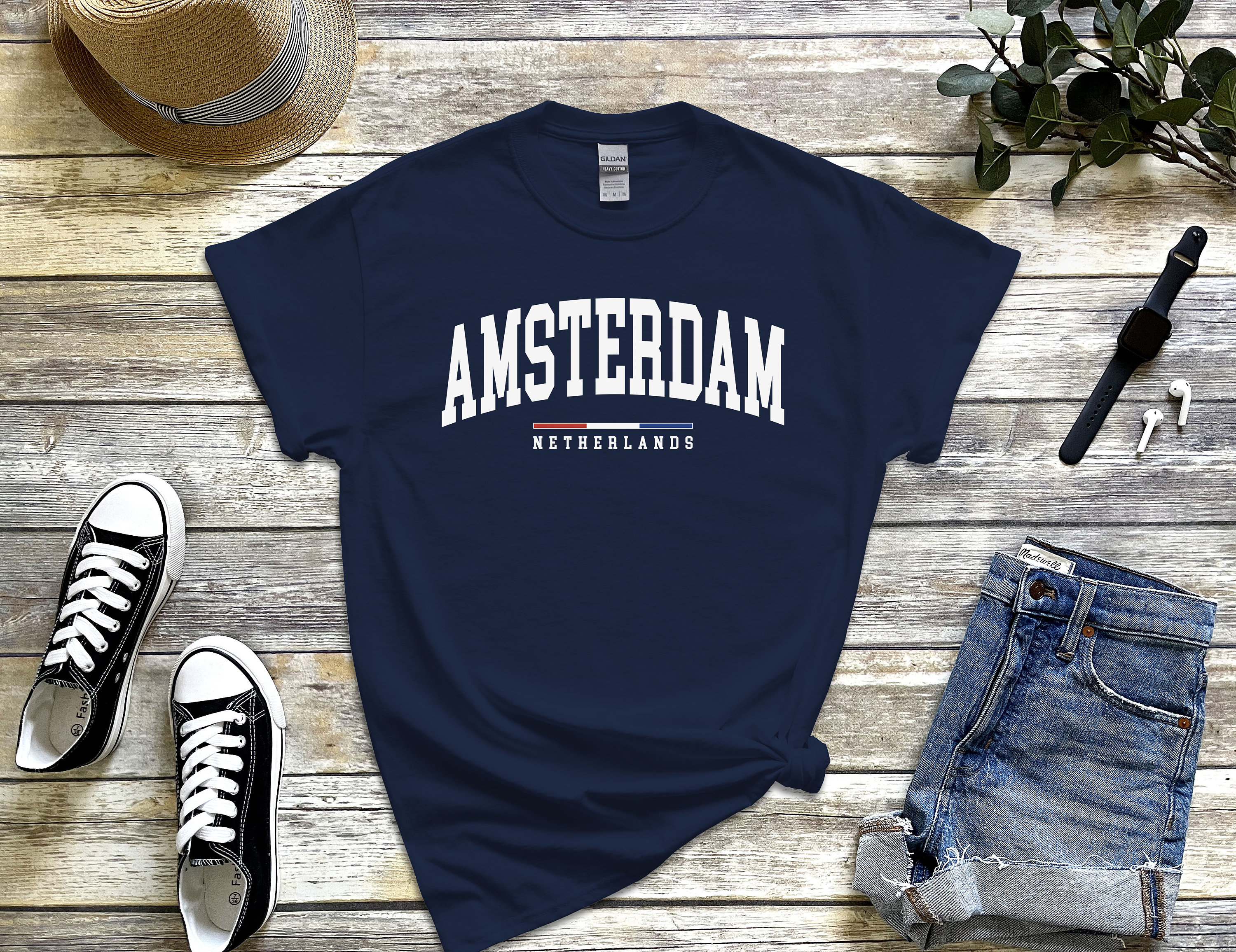 T-shirt Femme Amsterdam Novelty - Voyage Fun - Bleu Avec Paillettes - Taille M - Coton - Neuf Sans Étiquettes
