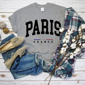 Paris France Shirt, Comfort Paris T-Shirt with France Flag Logo, Paris Gift Tee Unisex SPORT GREY color