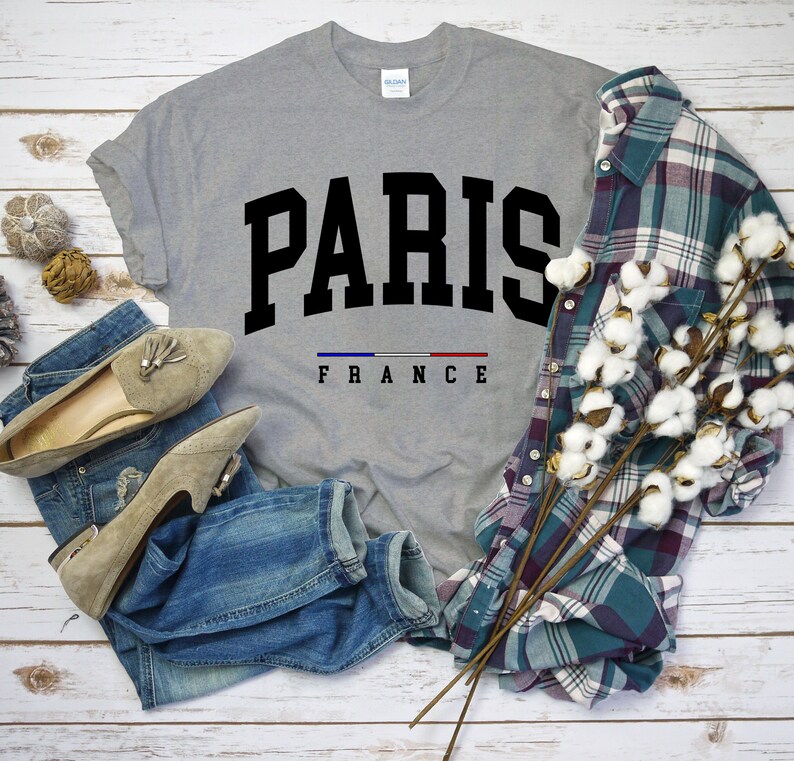 Paris France Shirt, Comfort Paris T-Shirt with France Flag Logo, Paris Gift Tee Unisex SPORT GREY color