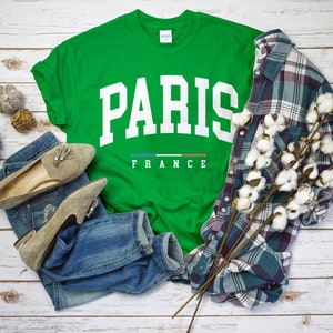Paris France Shirt, Comfort Paris T-Shirt with France Flag Logo, Paris Gift Tee Unisex IRISH GREEN color