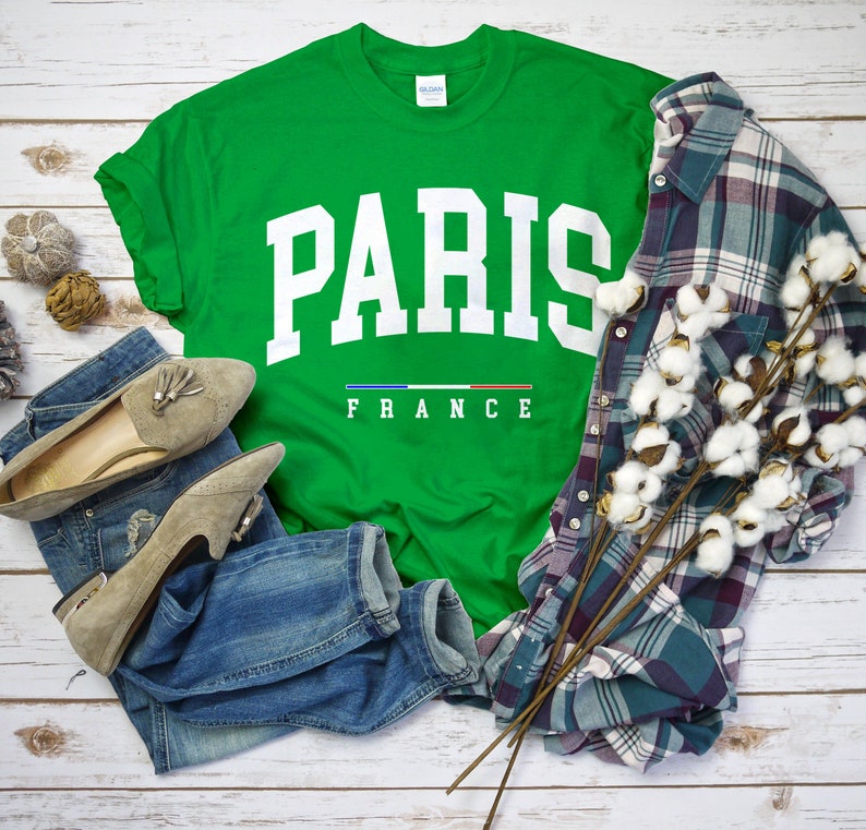 Paris France Shirt, Comfort Paris T-Shirt with France Flag Logo, Paris Gift Tee Unisex IRISH GREEN color