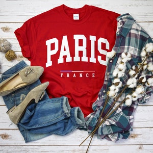 Paris France Shirt, Comfort Paris T-Shirt with France Flag Logo, Paris Gift Tee Unisex RED color