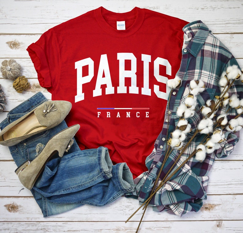Paris France Shirt, Comfort Paris T-Shirt with France Flag Logo, Paris Gift Tee Unisex RED color
