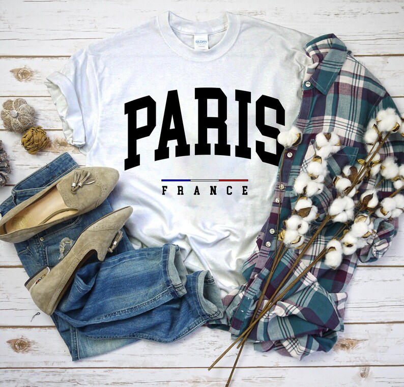 Paris France Shirt, Comfort Paris T-Shirt with France Flag Logo, Paris Gift Tee Unisex WHITE color