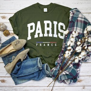Paris France Shirt, Comfort Paris T-Shirt with France Flag Logo, Paris Gift Tee Unisex MILITARY GREEN color