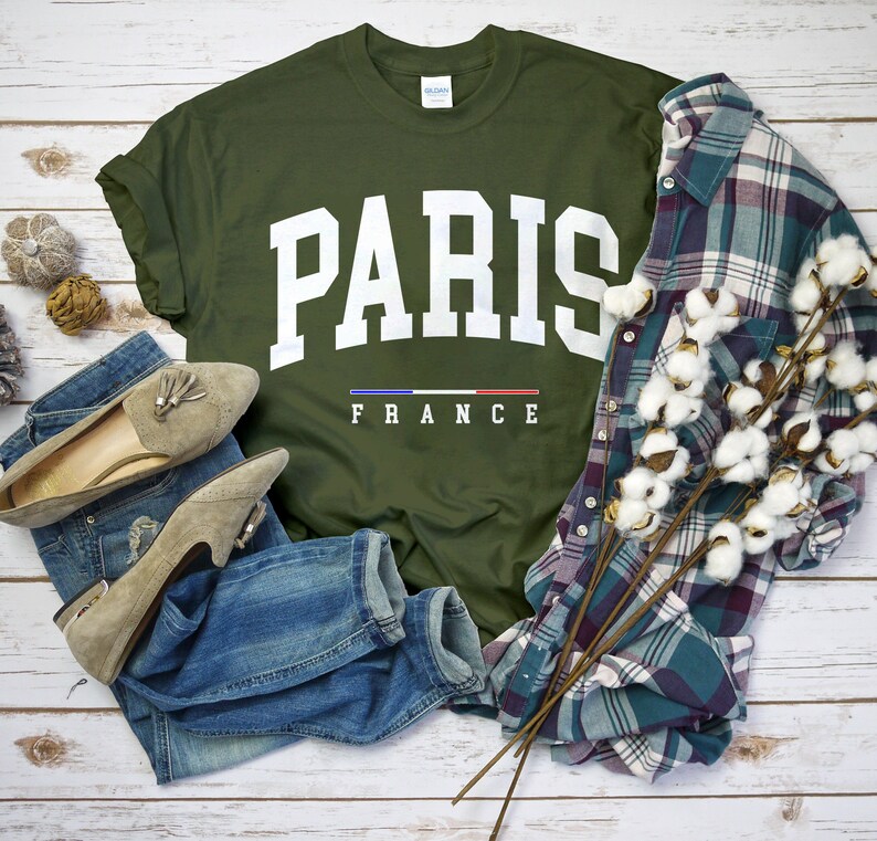 Paris France Shirt, Comfort Paris T-Shirt with France Flag Logo, Paris Gift Tee Unisex MILITARY GREEN color