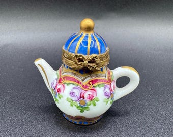 Limoges France “Rose Mini Teapot” Blue Floral Gold Porcelain Trinket Box