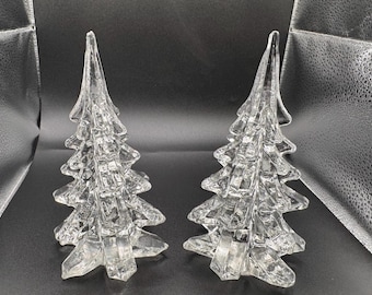 Set of 2 Vintage Clear Art Glass Crystal Christmas Tree Figurines Paperweights 6”