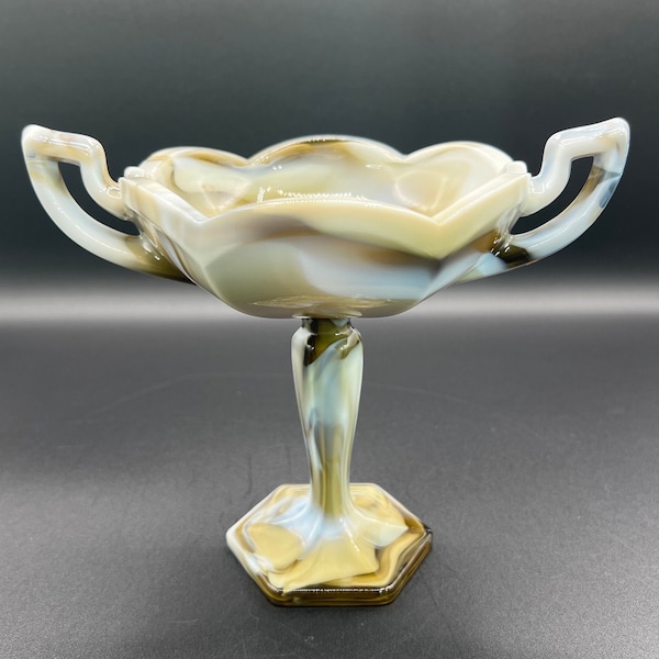 Vintage Brown Carmel Slag Glass Compote Vase Double Handle Antique Pedestal Bowl