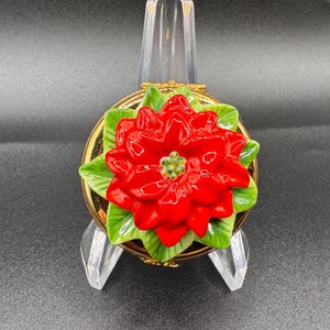 Limoges France “Red Pointsettia” Christmas Flower Porcelain Gilded Trinket Box
