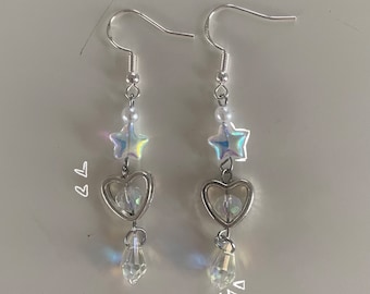 Holographic and silver heart earrings