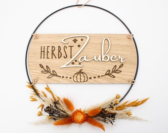 Türkranz Herbst – Türschild Herbstzauber, Herbstkranz Holzkranz Trockenblumen Türe, Wanddeko Holz, Herbstdeko Eingang, Loop