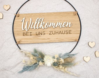 Türkranz Willkommen –  Türschild als Deko für Haustüre/Wohnung - Metallring mit Holzschild Trockenblumen Türe, Wand-/Wanddeko Loop Geschenk