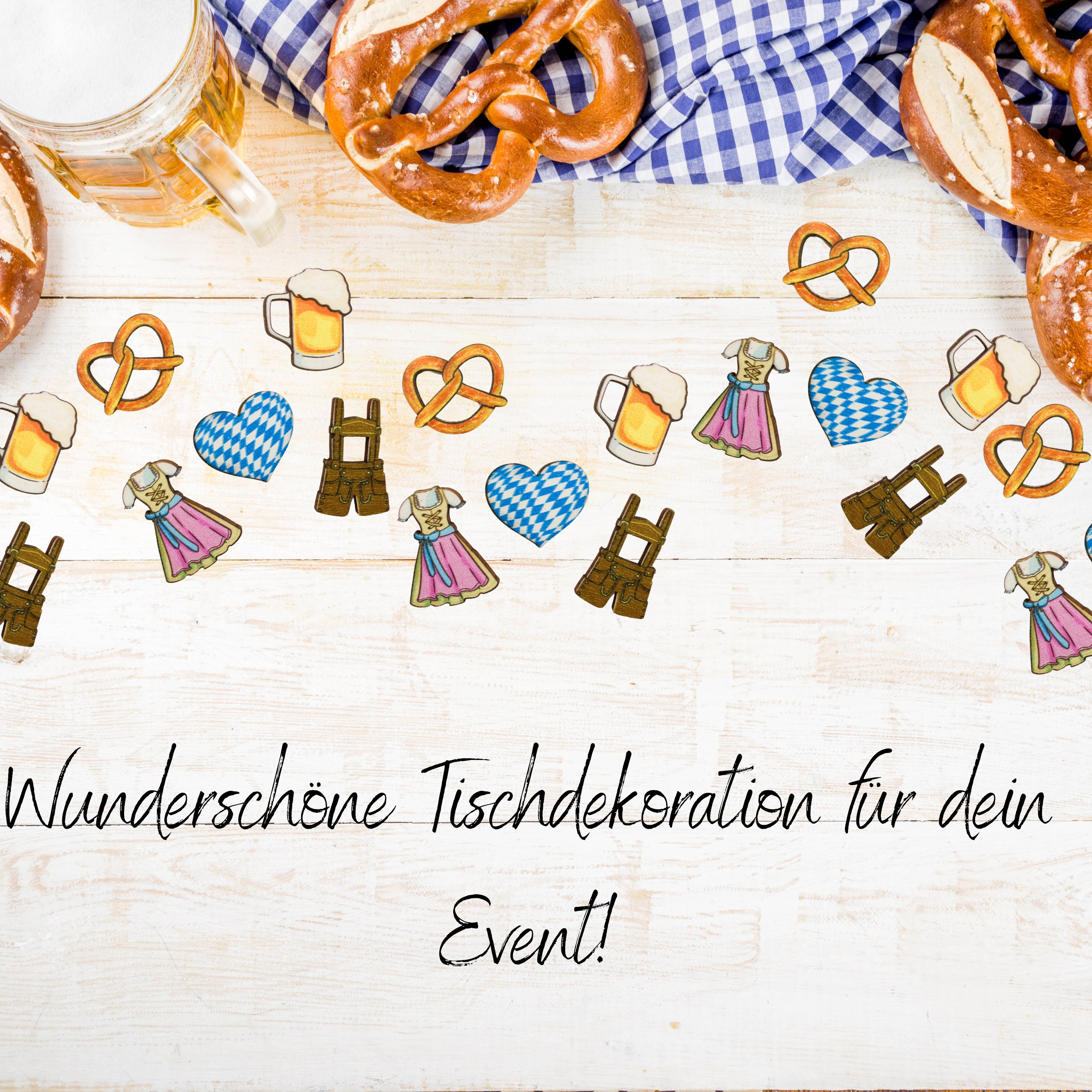 100 Stück Oktoberfest Holz-Konfetti – Bayerische Motive, 3–5 Cm, Tischdeko