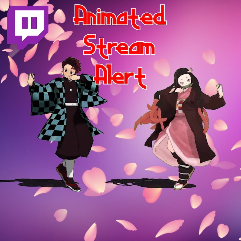 Puede incluir: Alerta de transmisi&oacute;n animada con dos personajes de anime, uno con un kimono a cuadros negro y azul y el otro con un kimono rosa y negro, bailando sobre un fondo morado con p&eacute;talos de flores rosas.