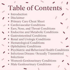 May include: A light pink background with a list titled "Table of Contents" in a dark pink font. The list includes topics such as "Cardiovascular Conditions" and "Infectious Disease / Sexually Transmitted Infections."