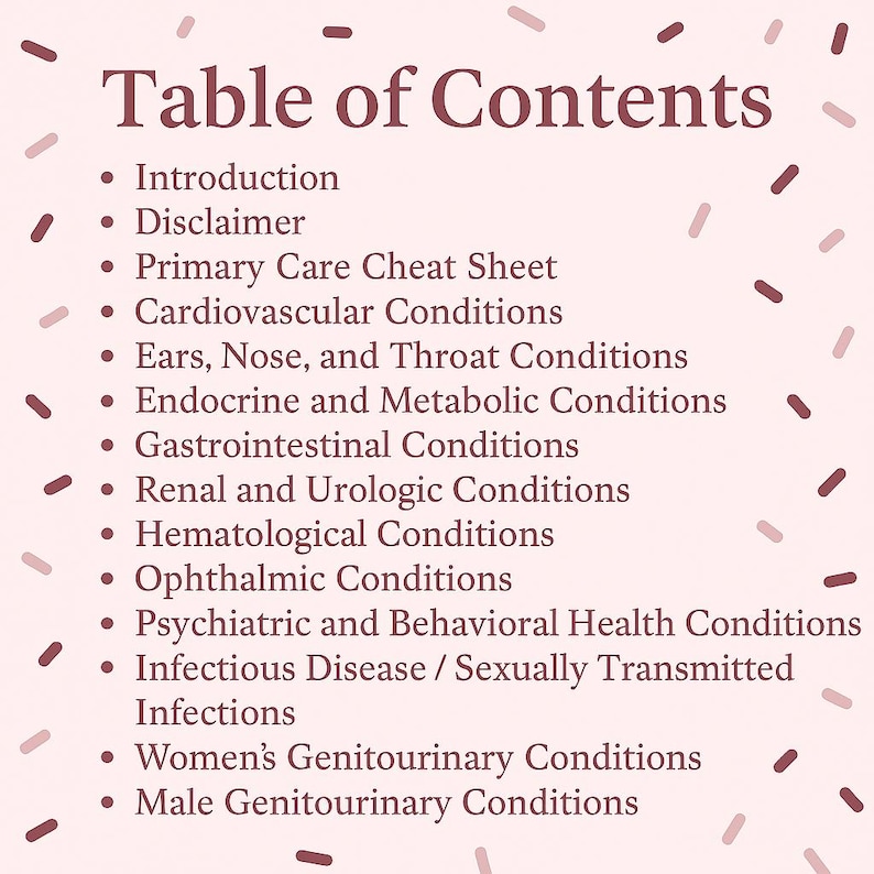 May include: A light pink background with a list titled "Table of Contents" in a dark pink font. The list includes topics such as "Cardiovascular Conditions" and "Infectious Disease / Sexually Transmitted Infections."