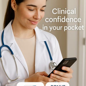 May include: A woman in a white coat with a stethoscope looks at a smartphone. The text says "Clinical confidence in your pocket." Below are images of a book, "The Confident FNP", and a "NP Clinical Note" bonus.